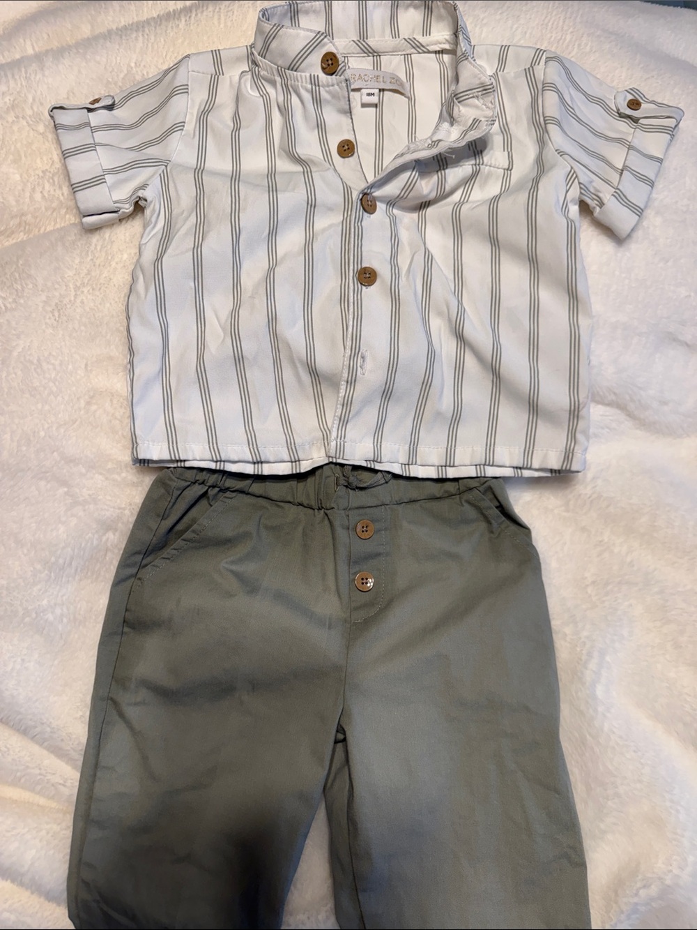 Rachel Zoe Kids Two-Piece Set White Striped Button Shirt with Green Pants